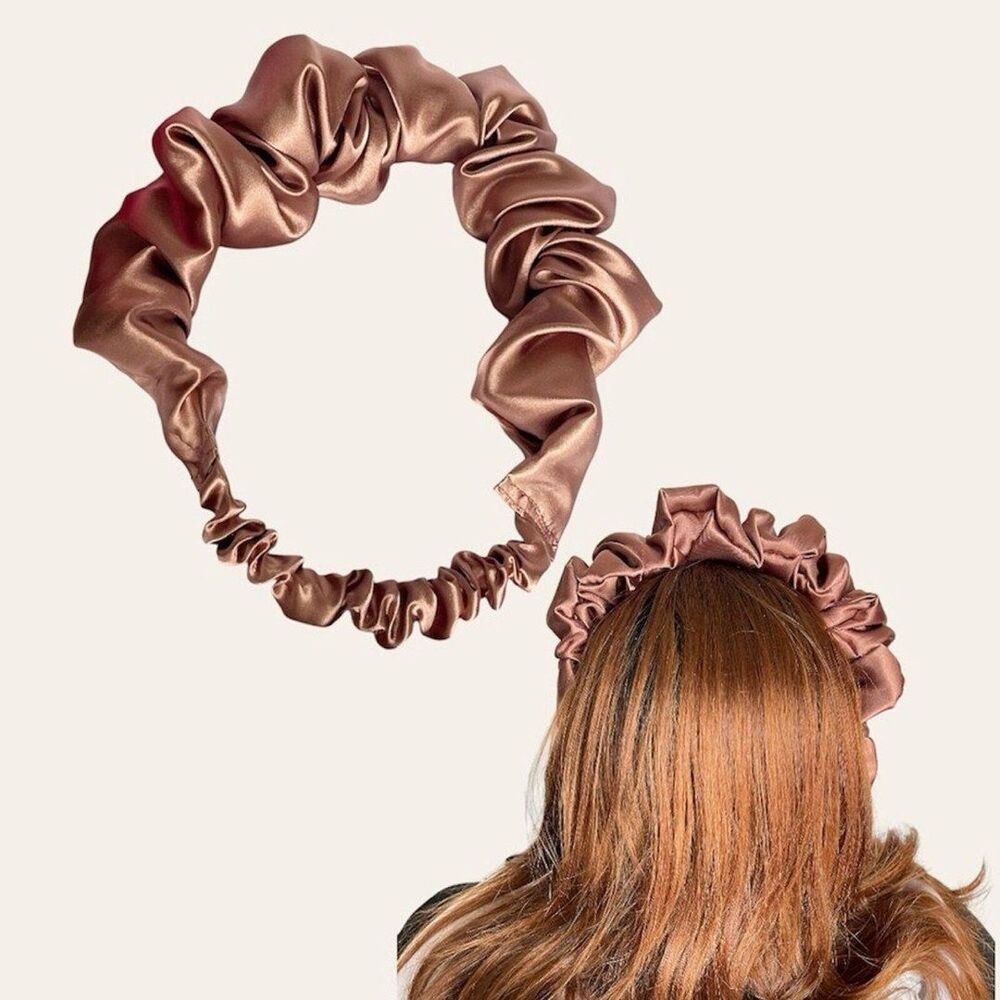 Brown Satin Headband wrap scrunched For Women Pleated design